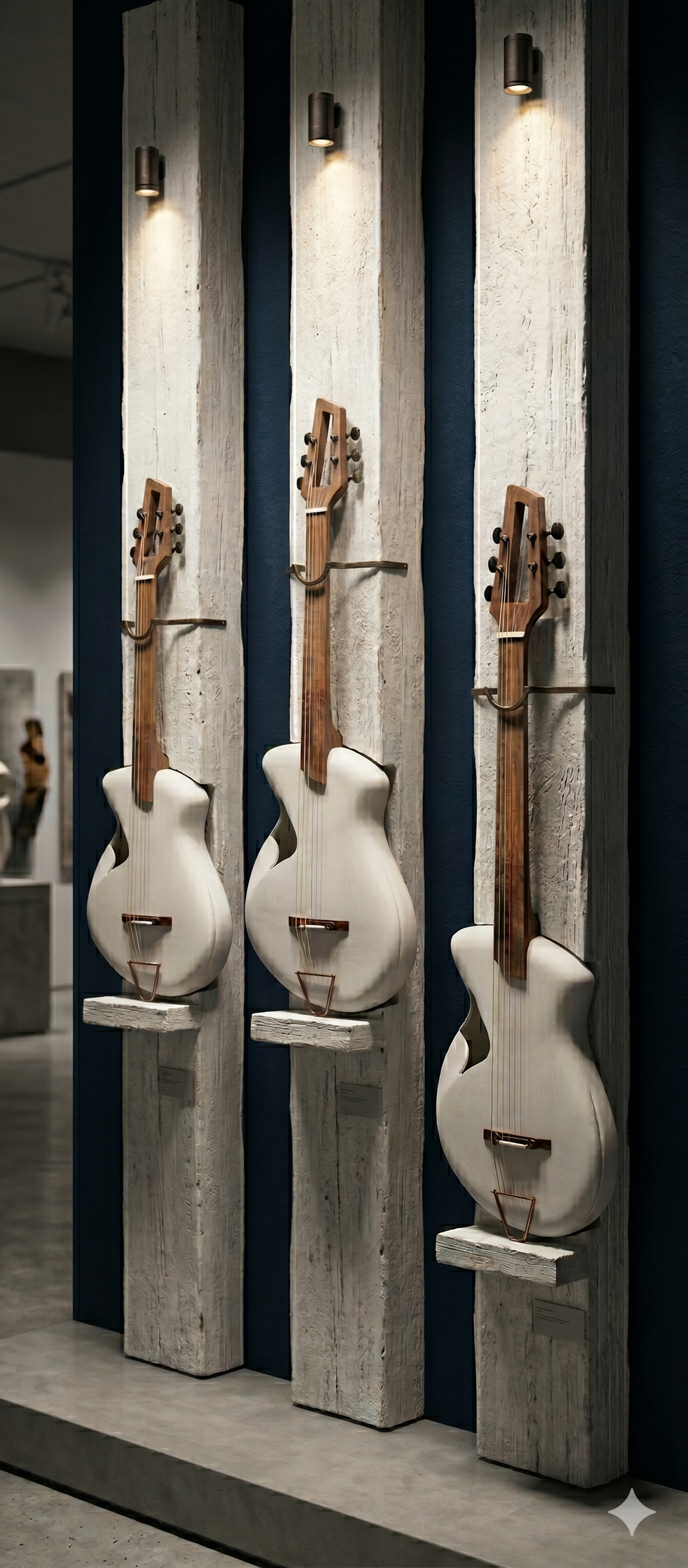 Three ceramic instruments mounted on textured columns, exhibition render for Fresh Paint 2026