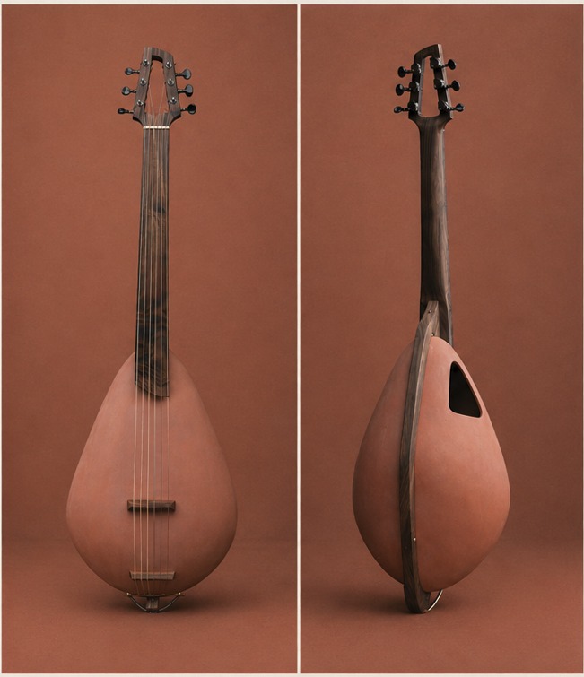 Ceramic guitar — front and back, on terracotta